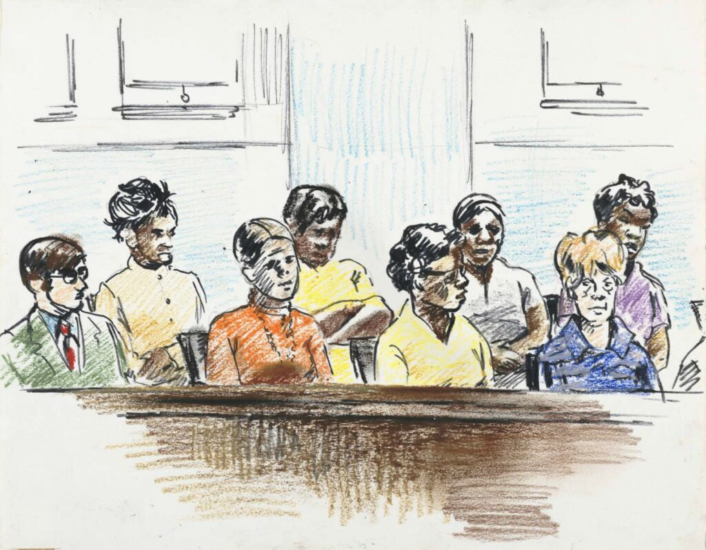 File:Oil Pastels and ink drawing of jurors consisting of six African American women, one white woman