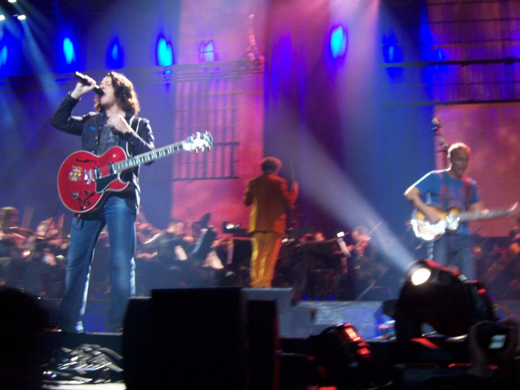 File:Tears for Fears 2008.jpg - a man playing a guitar on stage with a crowd