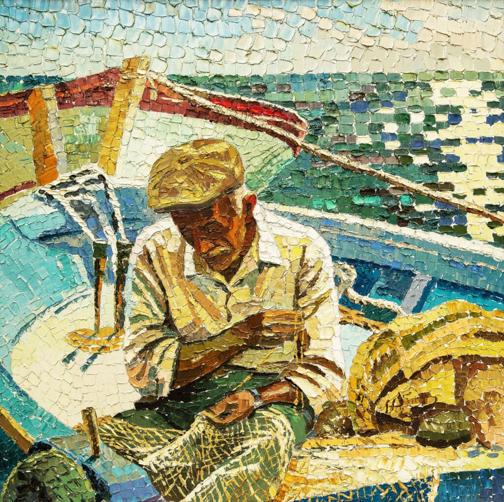 File:The Old Man and the Sea by Andrey Kulagin.jpg - a painting of a man sitting on a boat